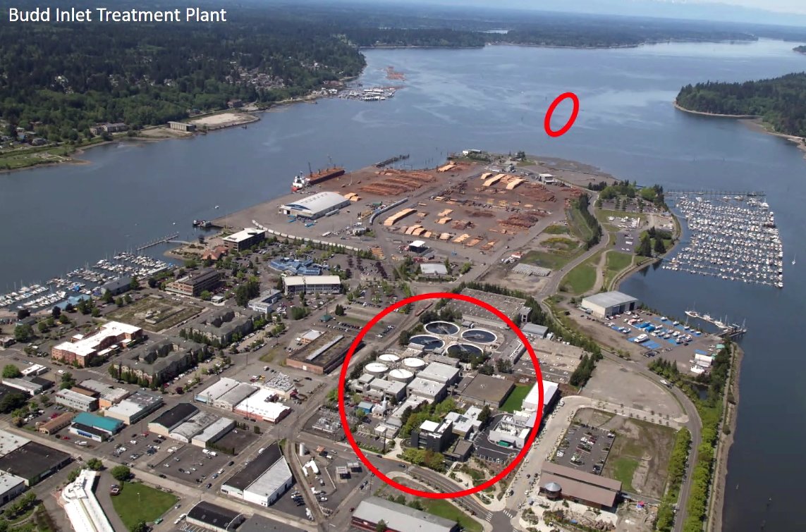 The larger red circle shows the loation of the LOTT Budd Inlet Treatment plant in downtown Olympia; the smaller circle shows where processed and treated wastewater is discharged.